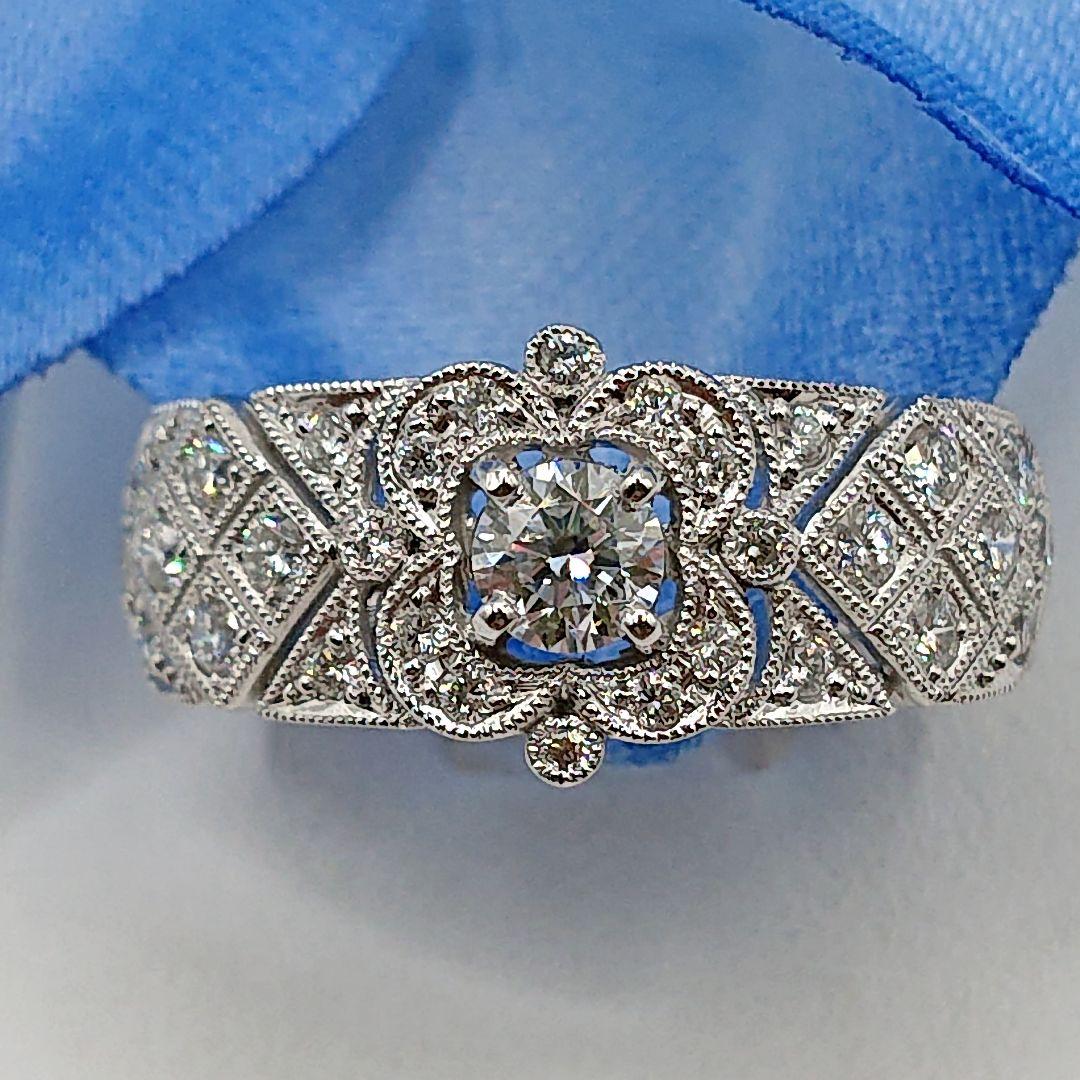 アンティーク風フラワーデザイン 天然ダイヤモンドリング Pt950