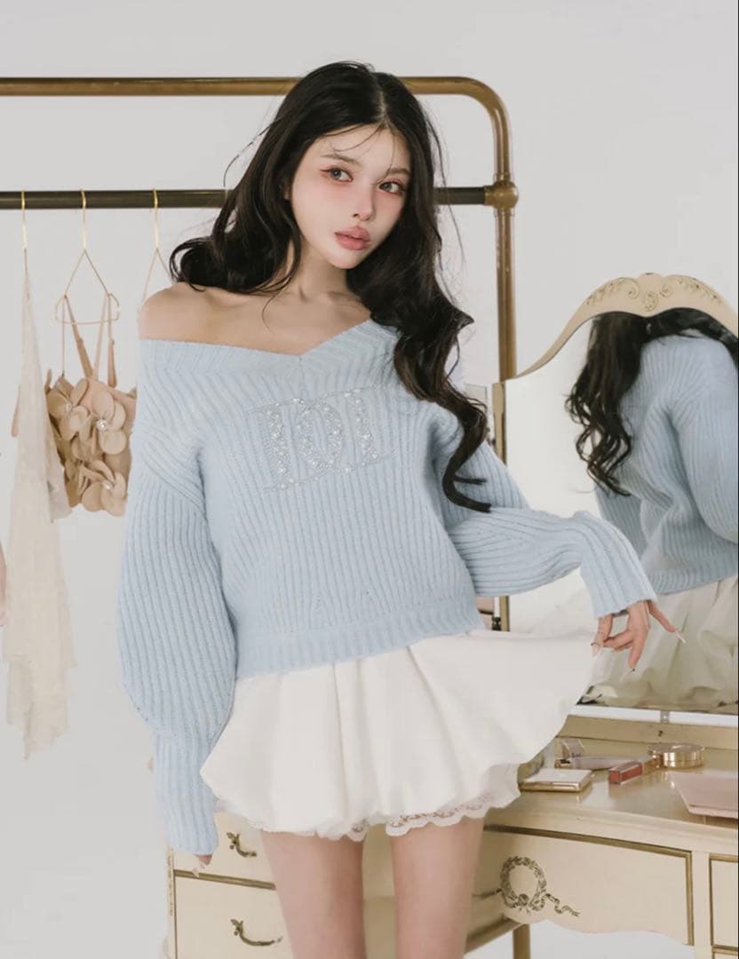 ファンシービーズDDロゴボリュームニットトップス （SAX）