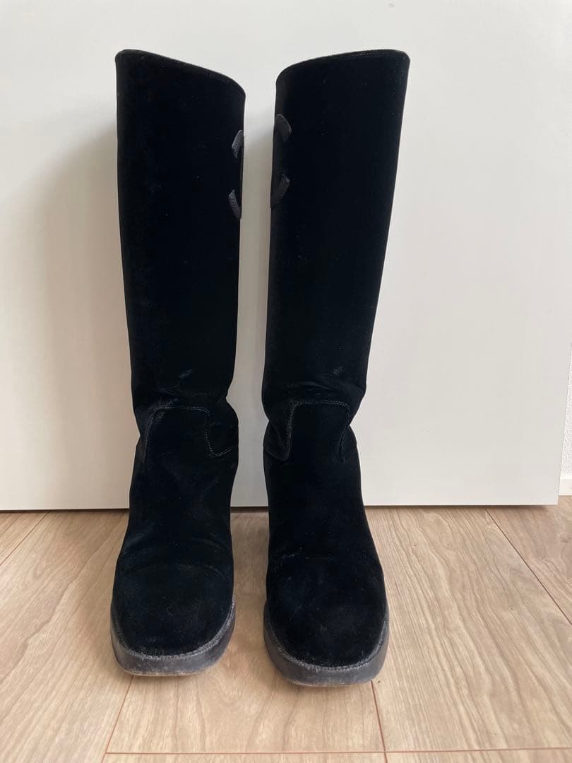 CHANEL ブラック ベルベット ロングブーツ　36