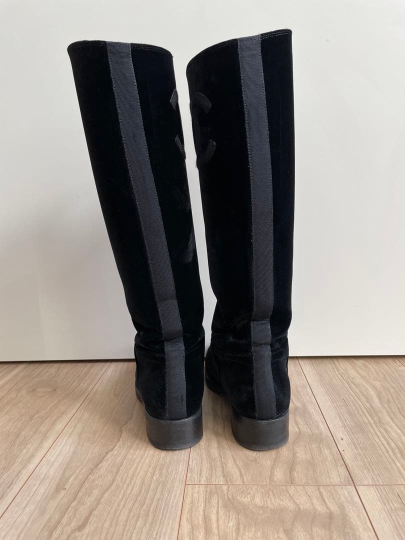 CHANEL ブラック ベルベット ロングブーツ　36