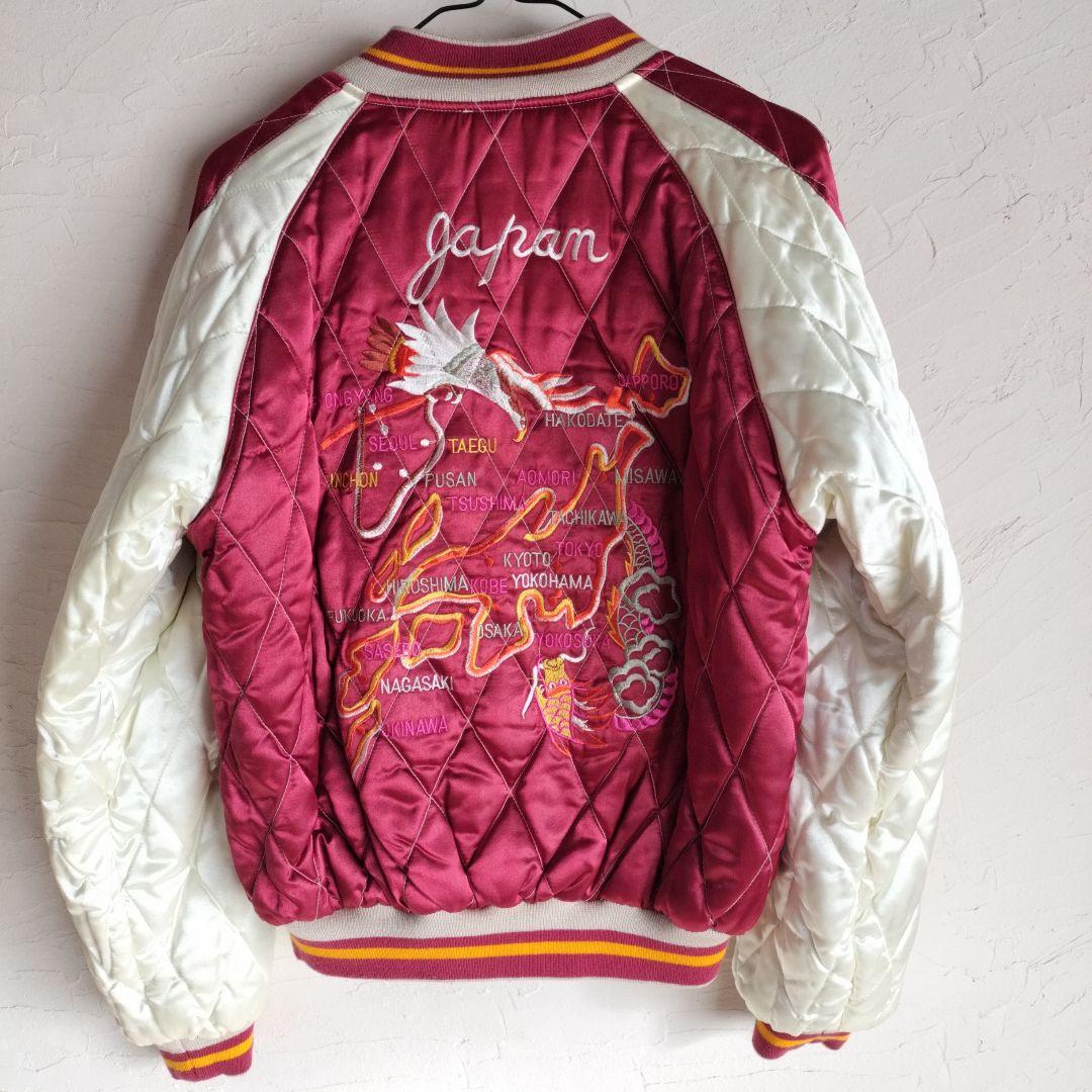90s スカジャン メンズS リバーシブル 龍刺繍/ジャパン刺繍 ベロア/サテン