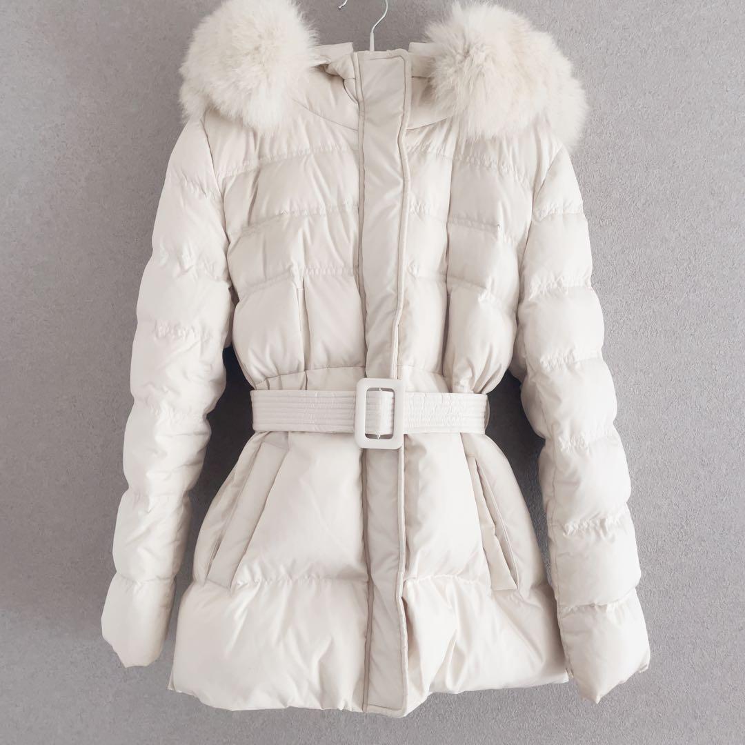 【美品】DHOLICファーフード&ベルト付ダウンジャケットSホワイト