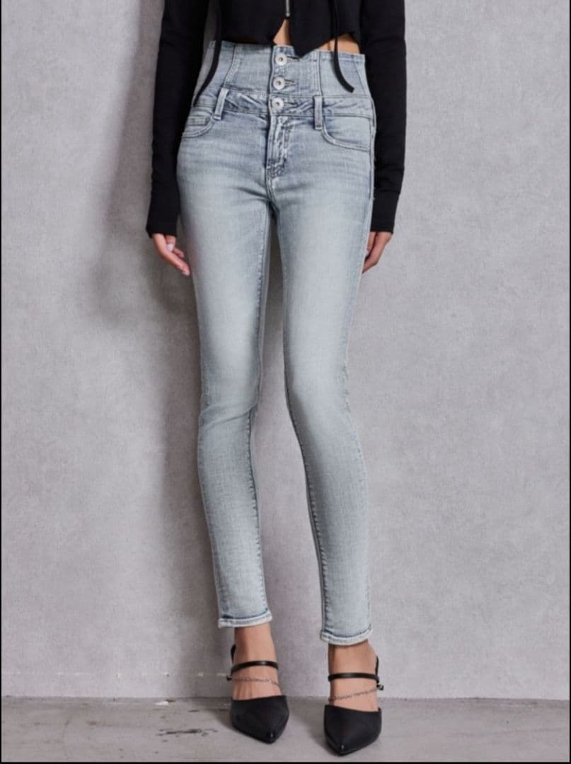 ジェイダ　ハイウエストウエストクロススキニーデニムパンツ