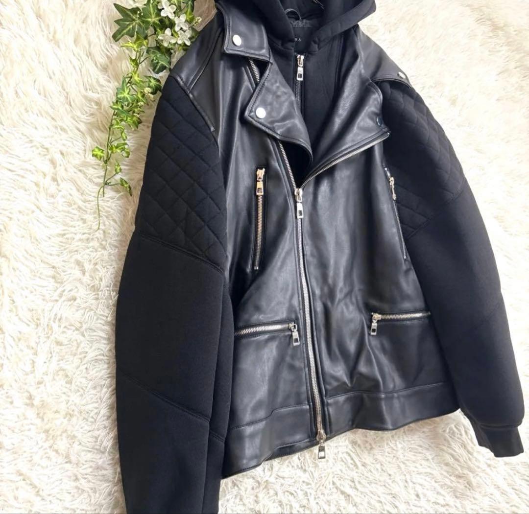 【美品】ZARA ダブルライダース パーカー付ブルゾン XL