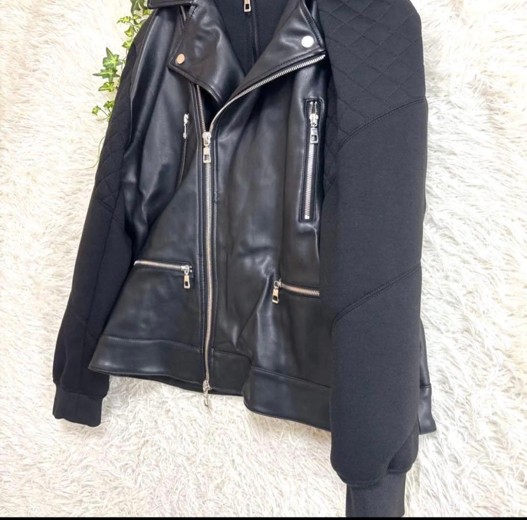 【美品】ZARA ダブルライダース パーカー付ブルゾン XL
