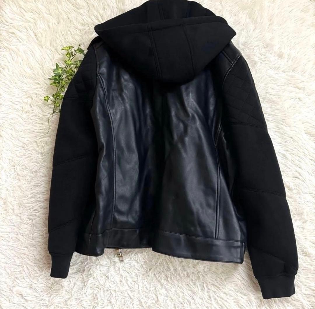 【美品】ZARA ダブルライダース パーカー付ブルゾン XL