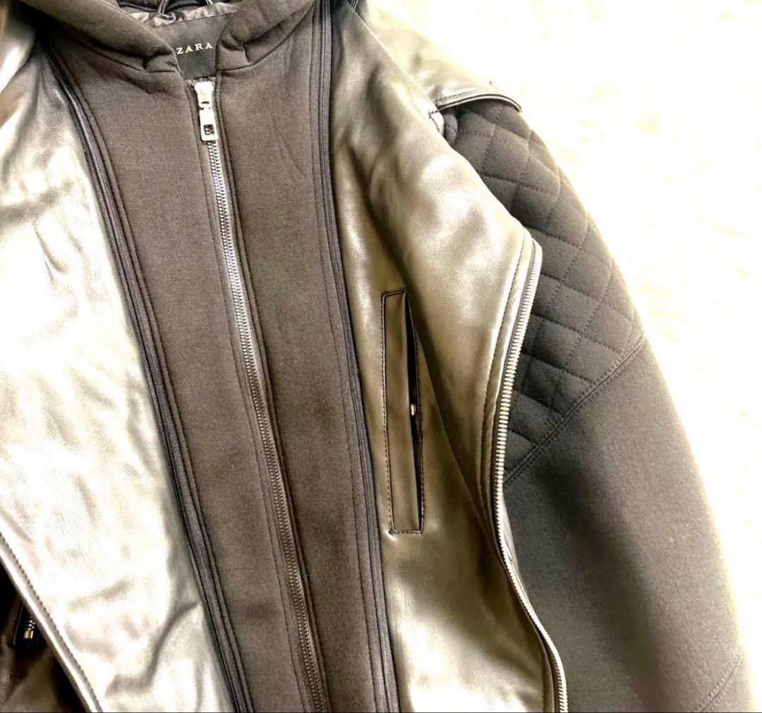 【美品】ZARA ダブルライダース パーカー付ブルゾン XL