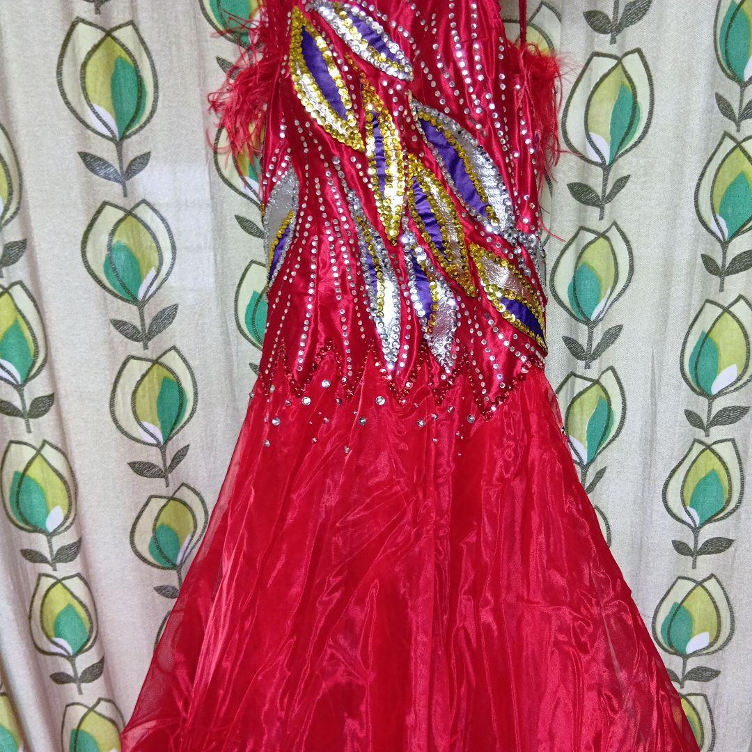 社交ダンス ドレス 赤 スパンコール装飾