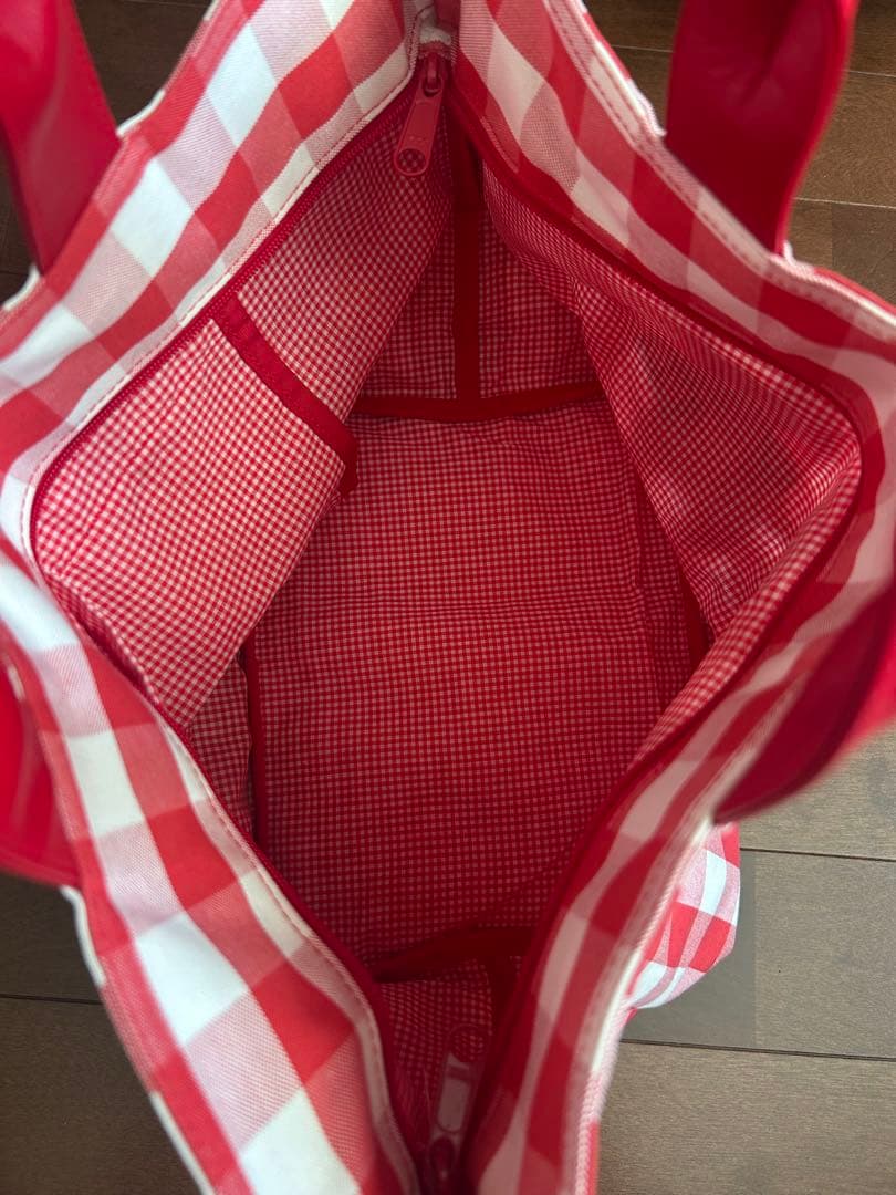 familiar 赤と白のチェック柄トートバッグ