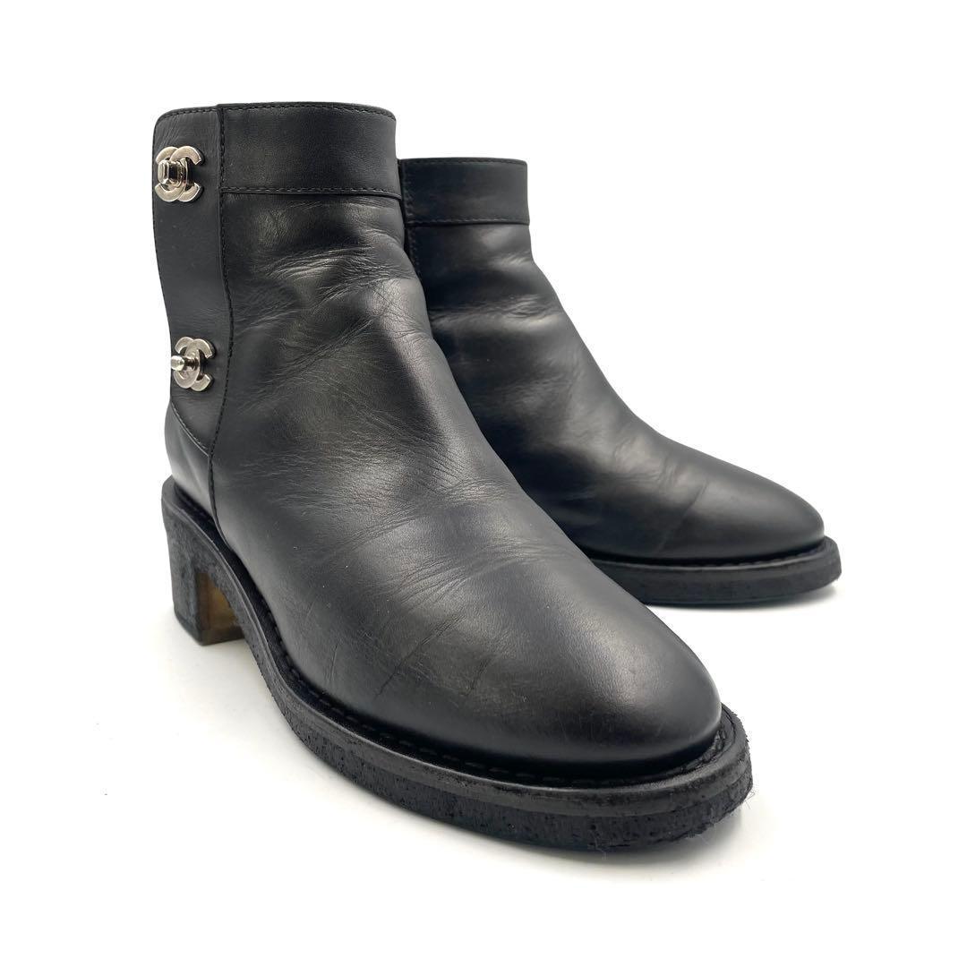 《超美品》CHANEL シャネル ショートブーツ ココマーク 本革 黒 36C
