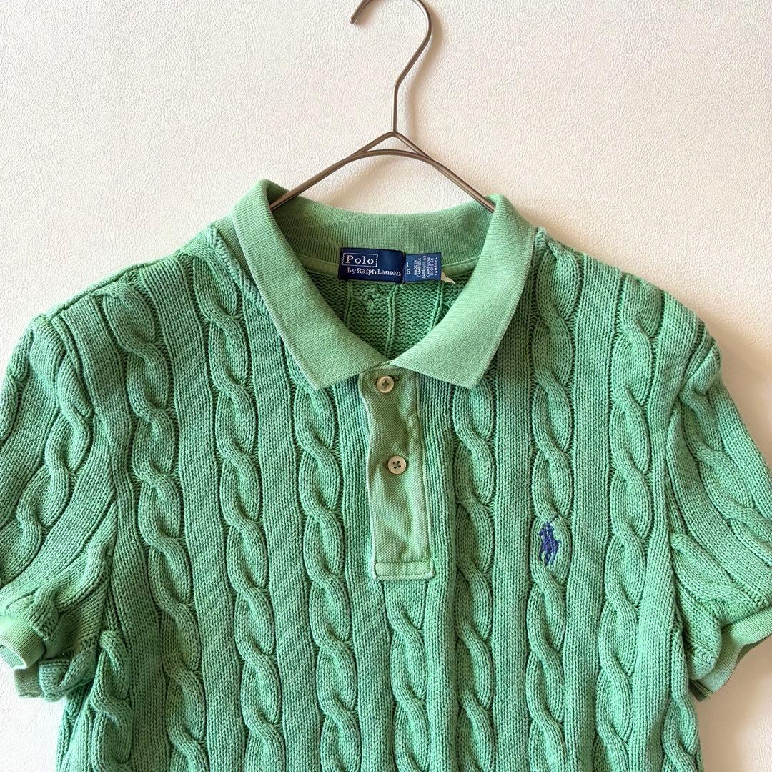 ポロラルフローレン　2025 現行　ケーブルニットポロシャツ　グリーン　L相当