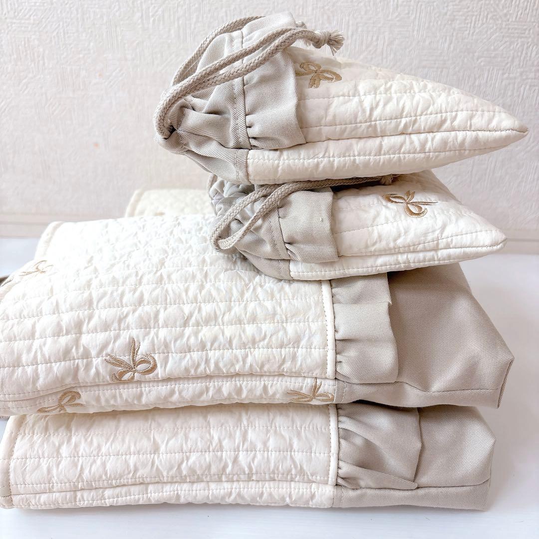 レッスンバッグ 上履き入れ　コップ袋✖️2 ヌビ　リボン刺繍