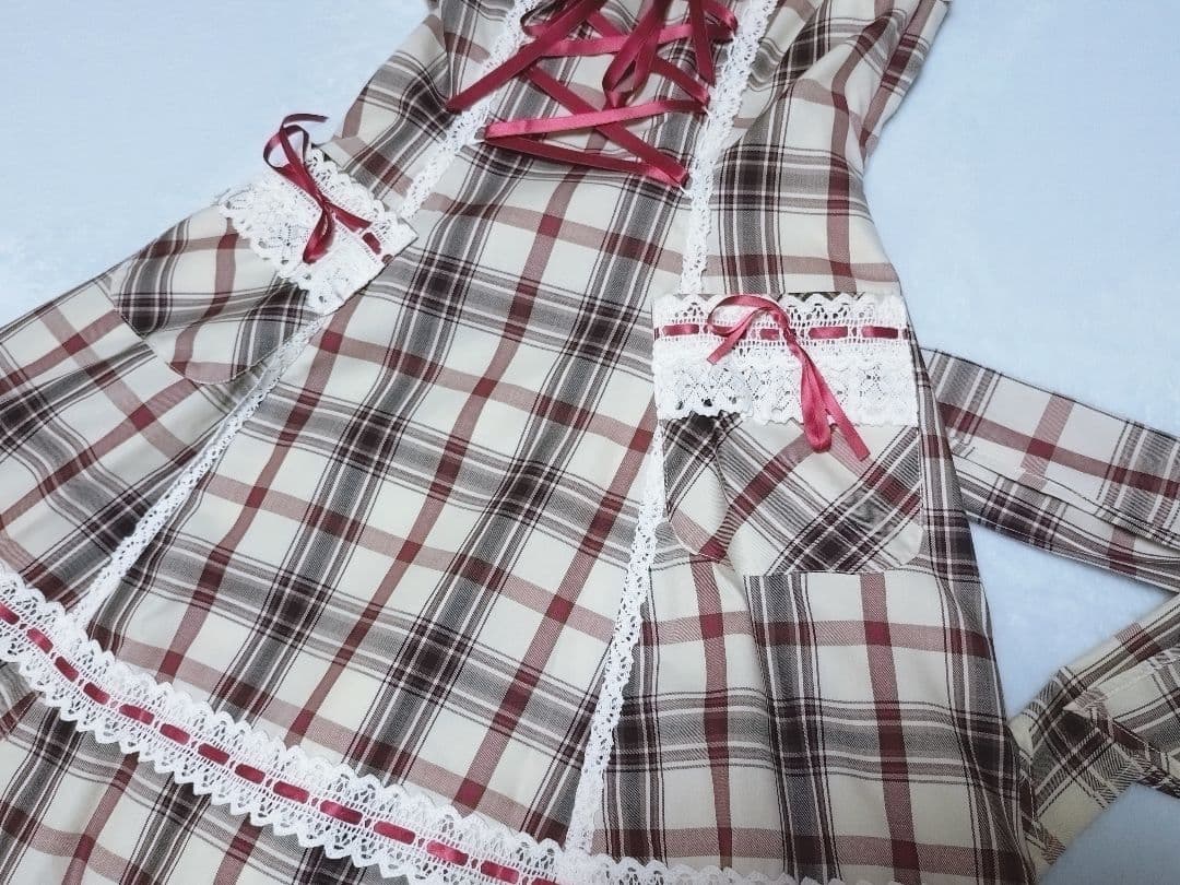 裾スカラップタータンチェックジャンパースカート 生成×エンジ