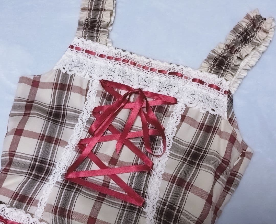 裾スカラップタータンチェックジャンパースカート 生成×エンジ