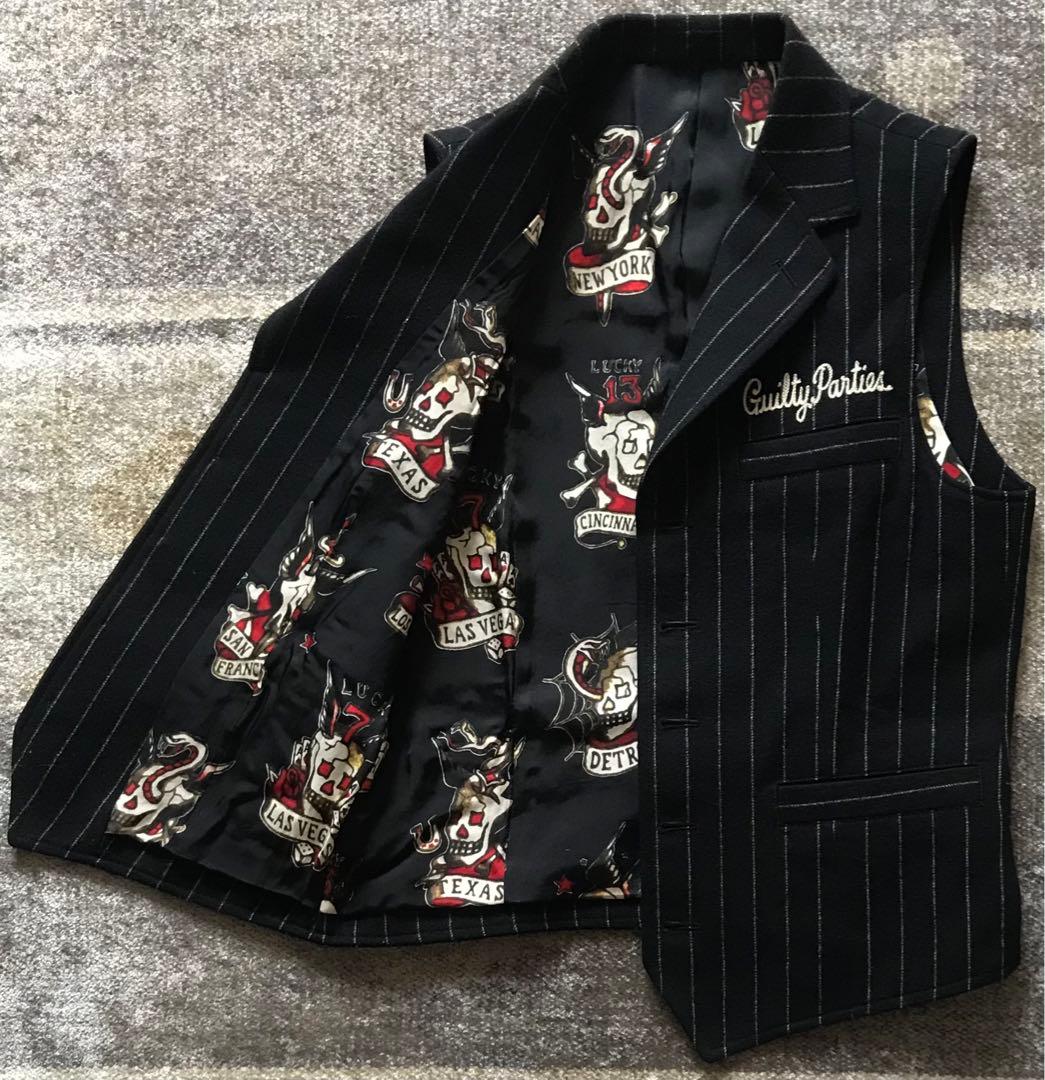 初期の名作 別格の裏地スカル柄 ワコマリア ストライプ柄 髑髏 ベスト ジレ S