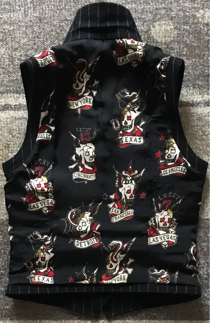 初期の名作 別格の裏地スカル柄 ワコマリア ストライプ柄 髑髏 ベスト ジレ S