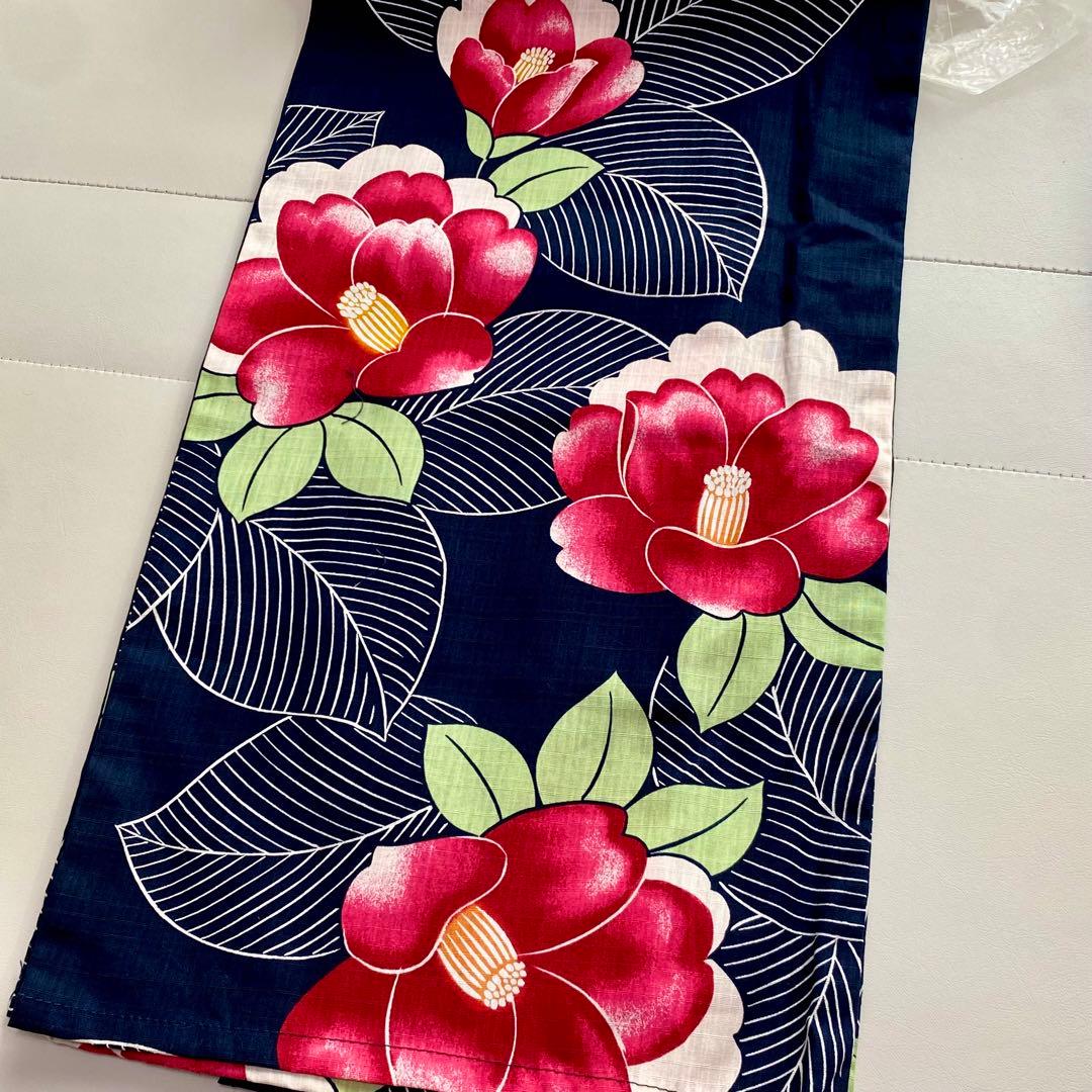 〈新品〉ネイビー花柄浴衣・帯・下駄セット　着付けセット付き