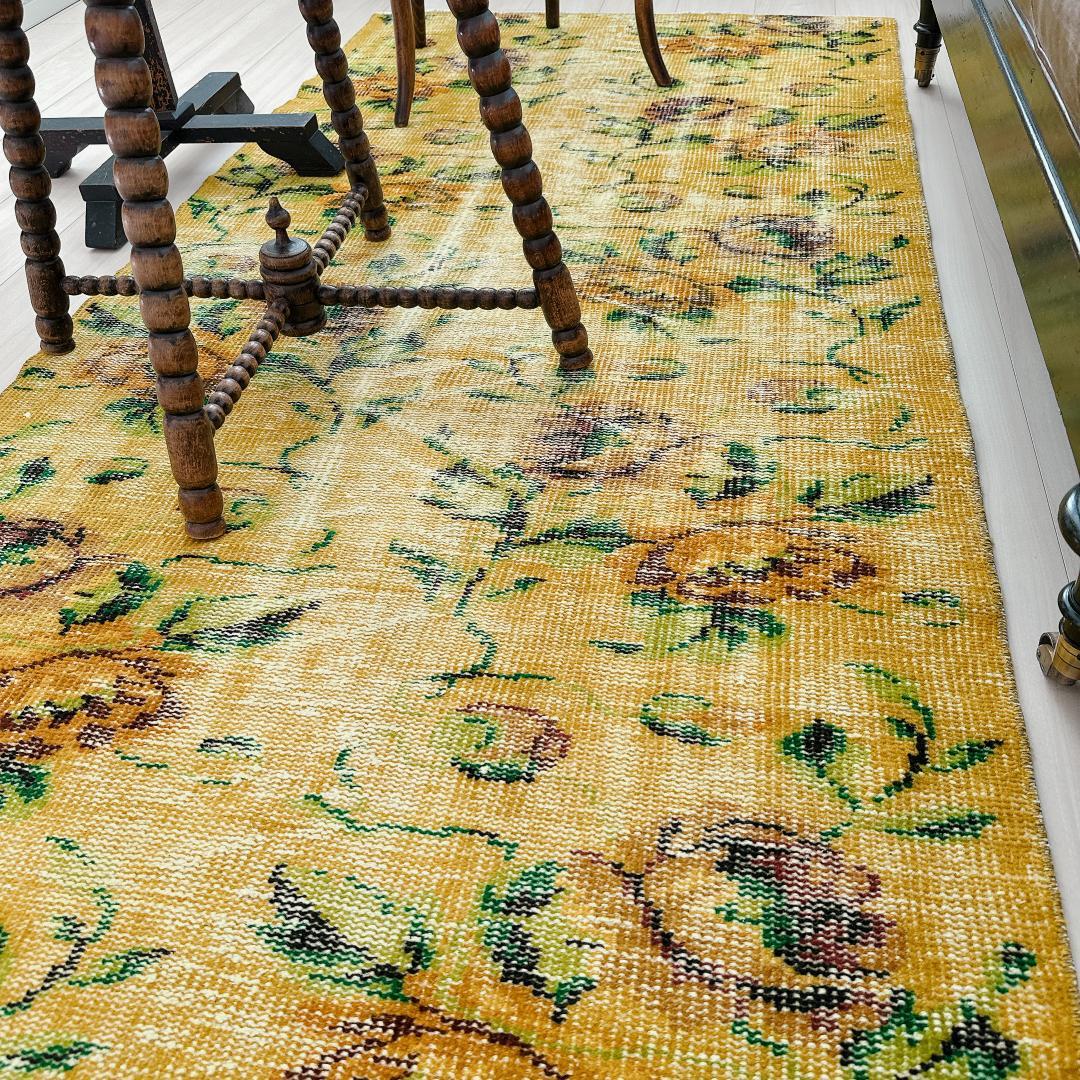 トルコヴィンテージラグ A77 レア イエロー グリーン オーバーダイラグ