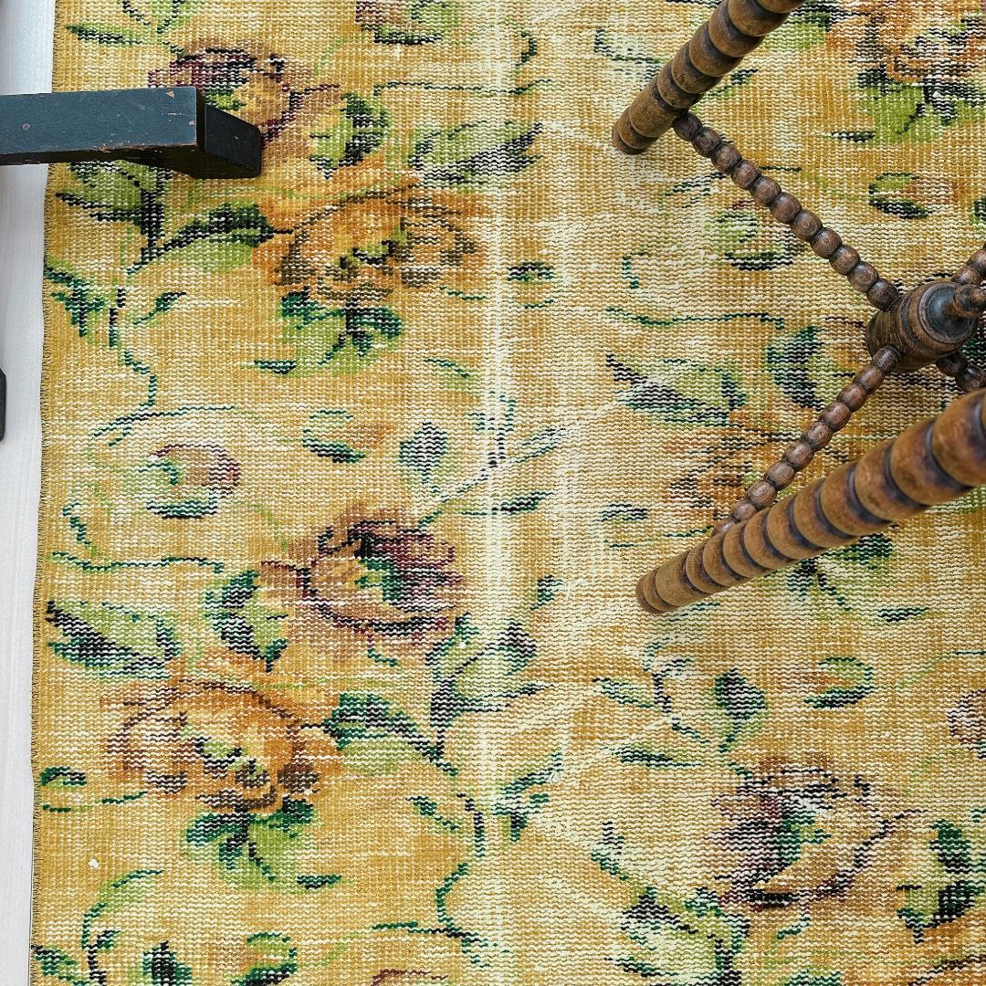 トルコヴィンテージラグ A77 レア イエロー グリーン オーバーダイラグ