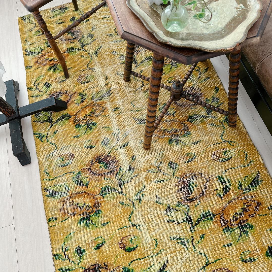 トルコヴィンテージラグ A77 レア イエロー グリーン オーバーダイラグ