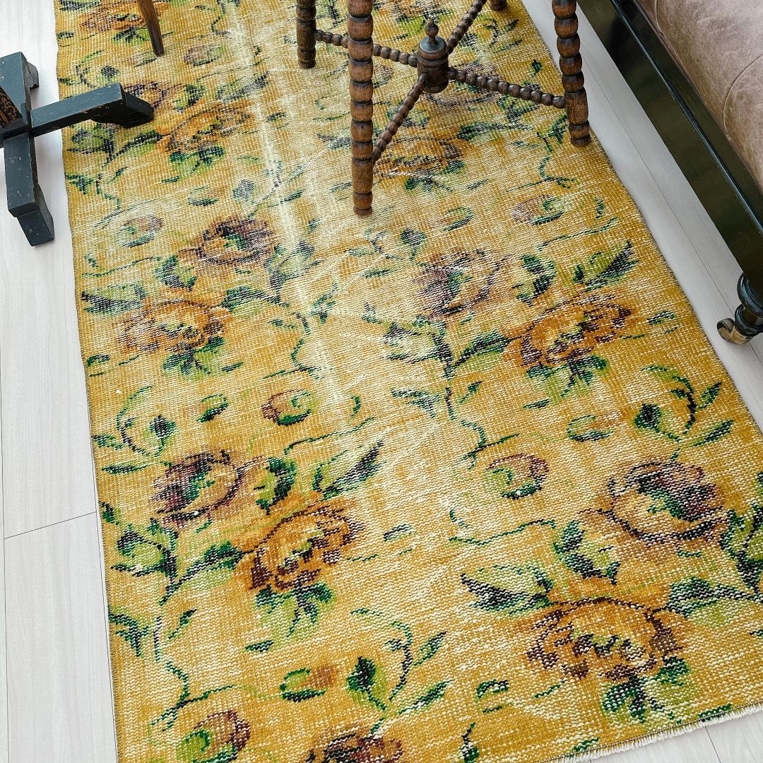 トルコヴィンテージラグ A77 レア イエロー グリーン オーバーダイラグ