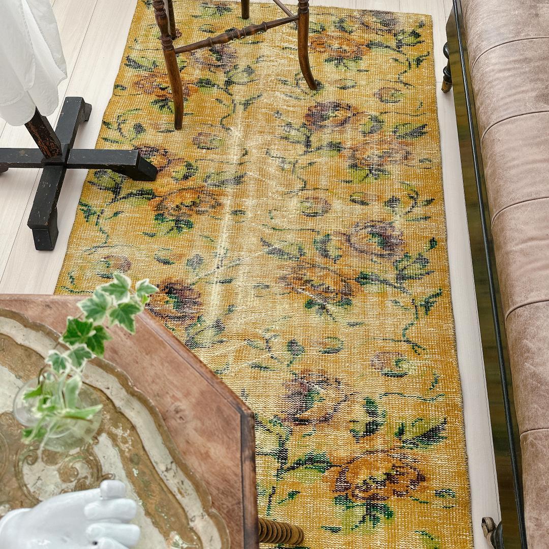 トルコヴィンテージラグ A77 レア イエロー グリーン オーバーダイラグ