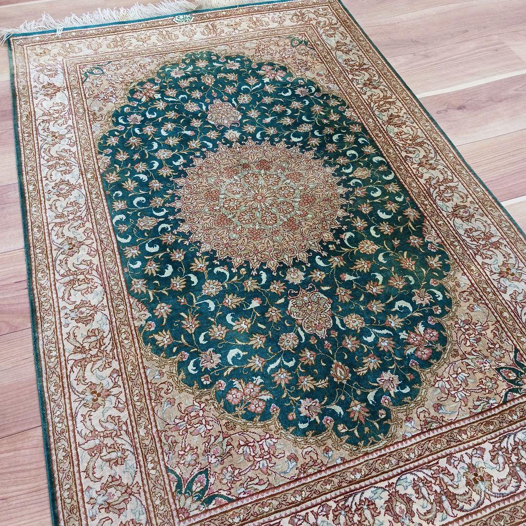 Y3134 高級ペルシャ クム産 シルク100% 手織り絨毯 80×122㎝