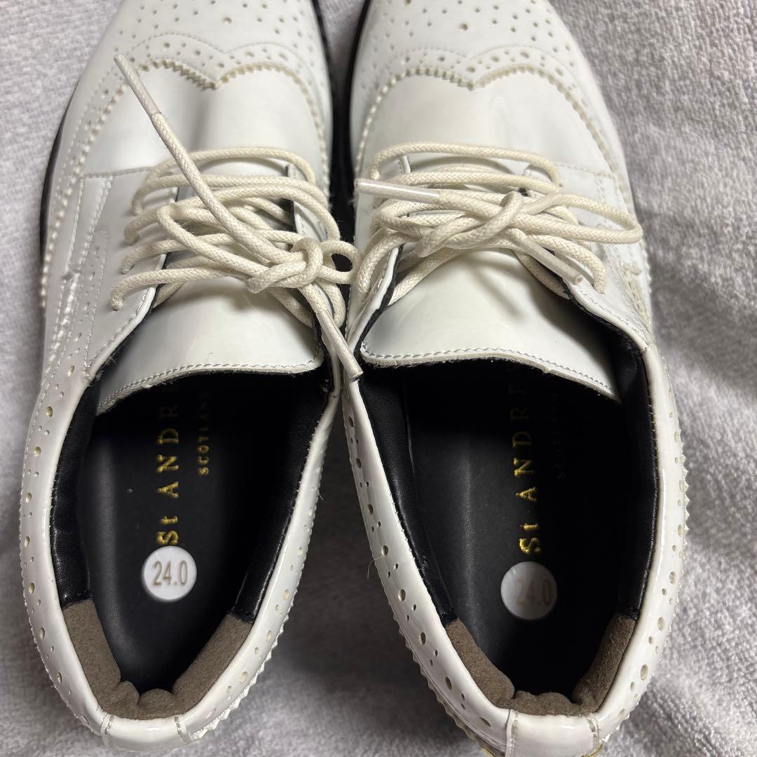 【新品未使用】St.ANDREWSゴルフシューズ 白 エナメル厚底ウィングチップ