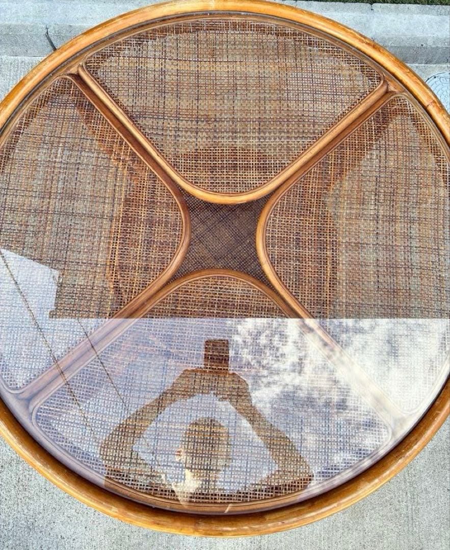 昭和レトロ ラタン ガラステーブル 籐 円卓 座卓 ヴィンテージ おしゃれ家具