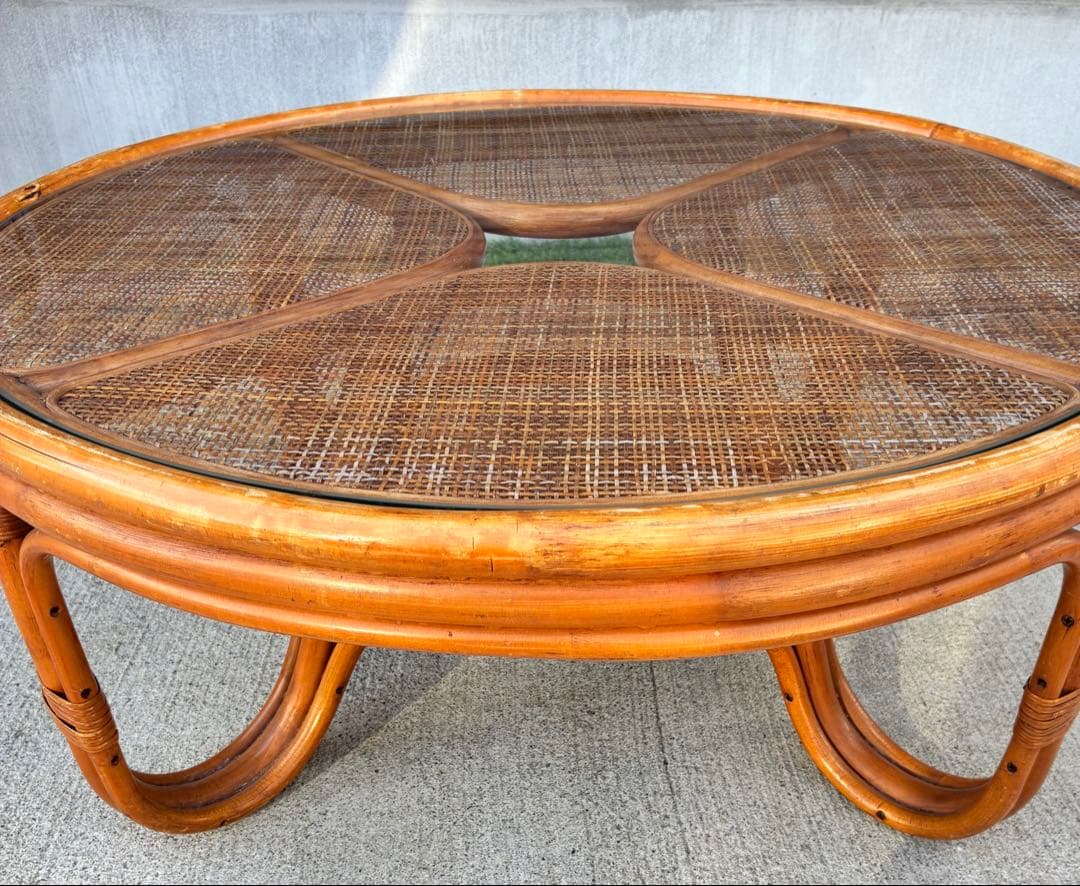 昭和レトロ ラタン ガラステーブル 籐 円卓 座卓 ヴィンテージ おしゃれ家具