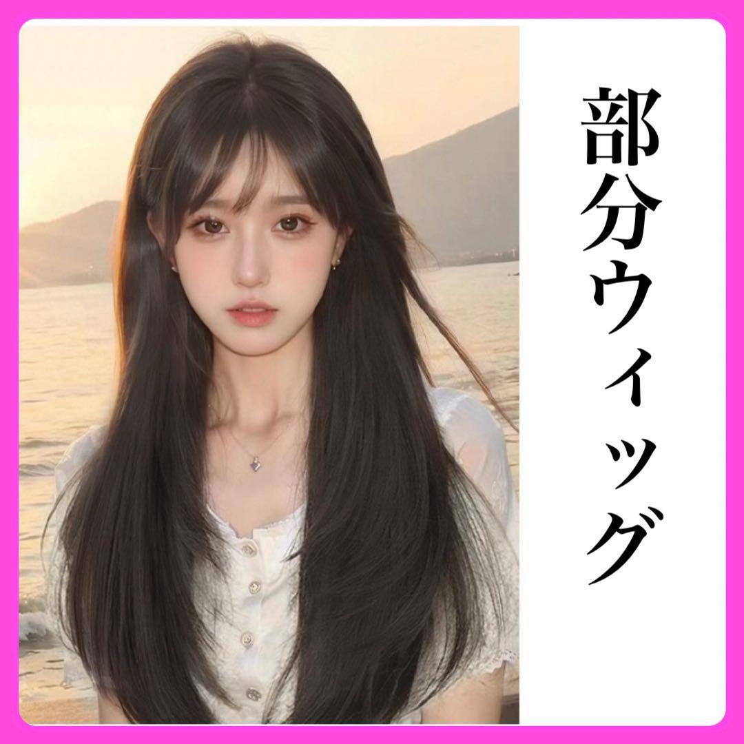 広範囲カバー 部分 ウィッグ ￼ロング へア￼ピース ￼黒 ストレートセミロング