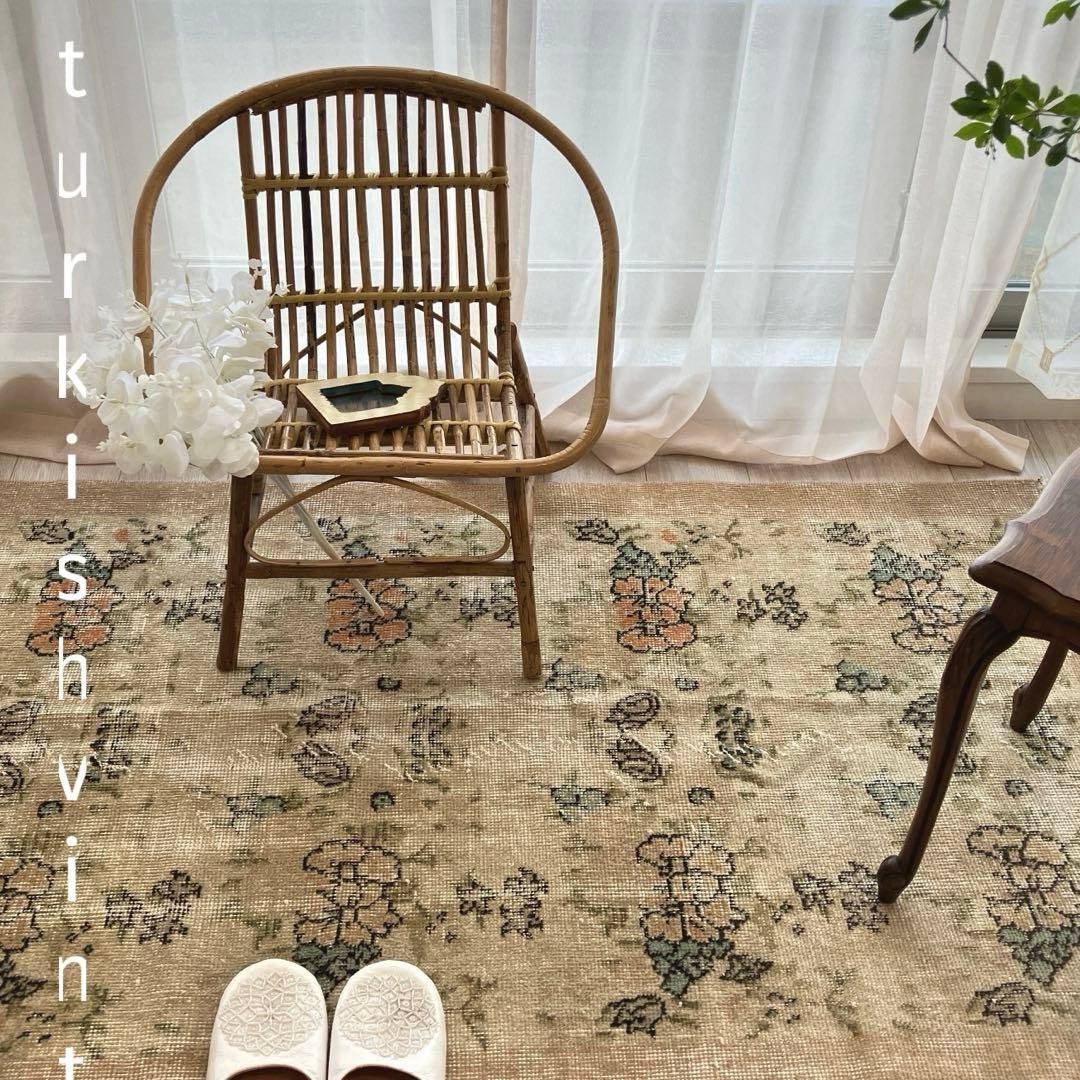 コーラル✳︎93×192カフェラテ／スカイブルー　フラワー　トルコヴィンテージラグ