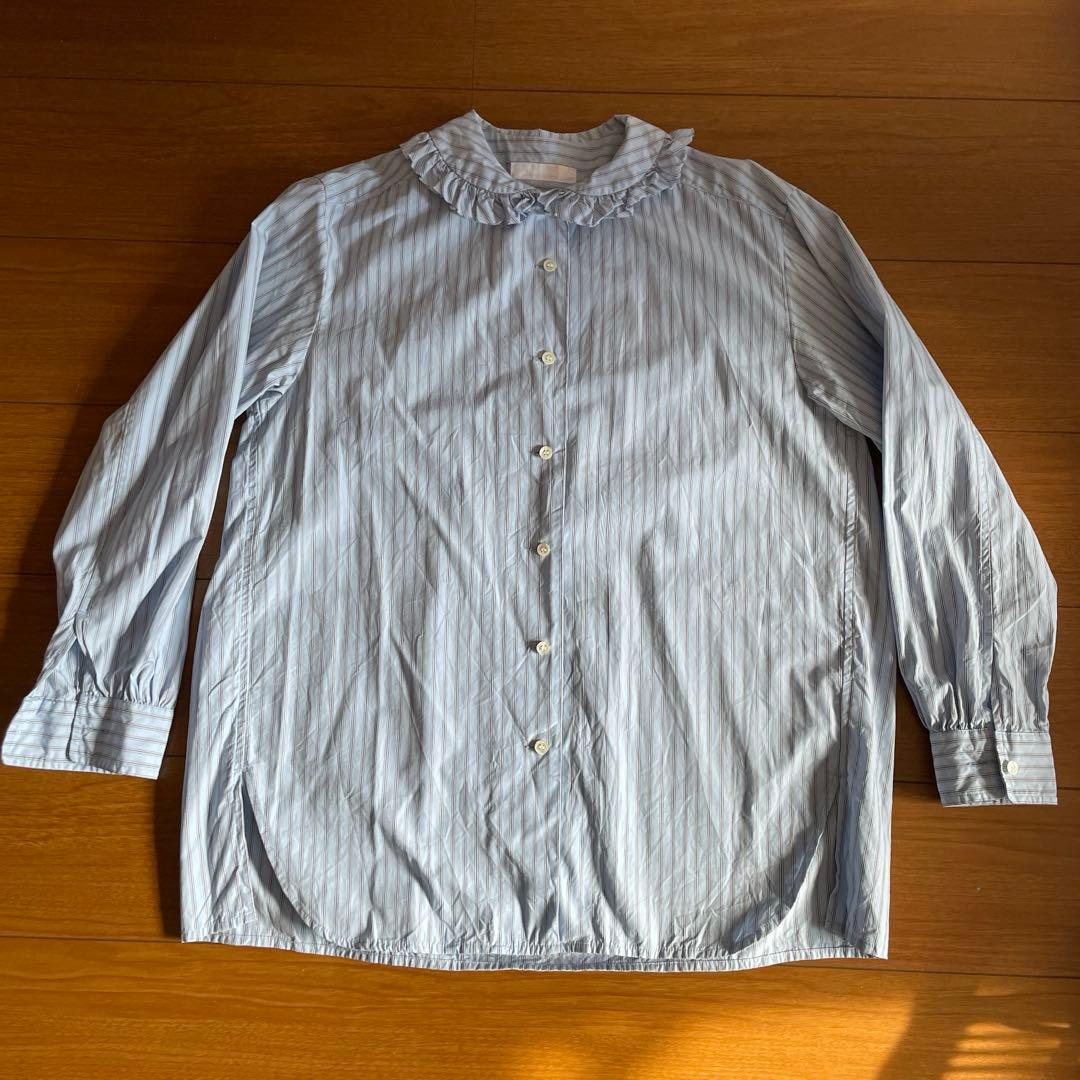 m*o様 homspun 長袖シャツ　水色ボーダー　フリル