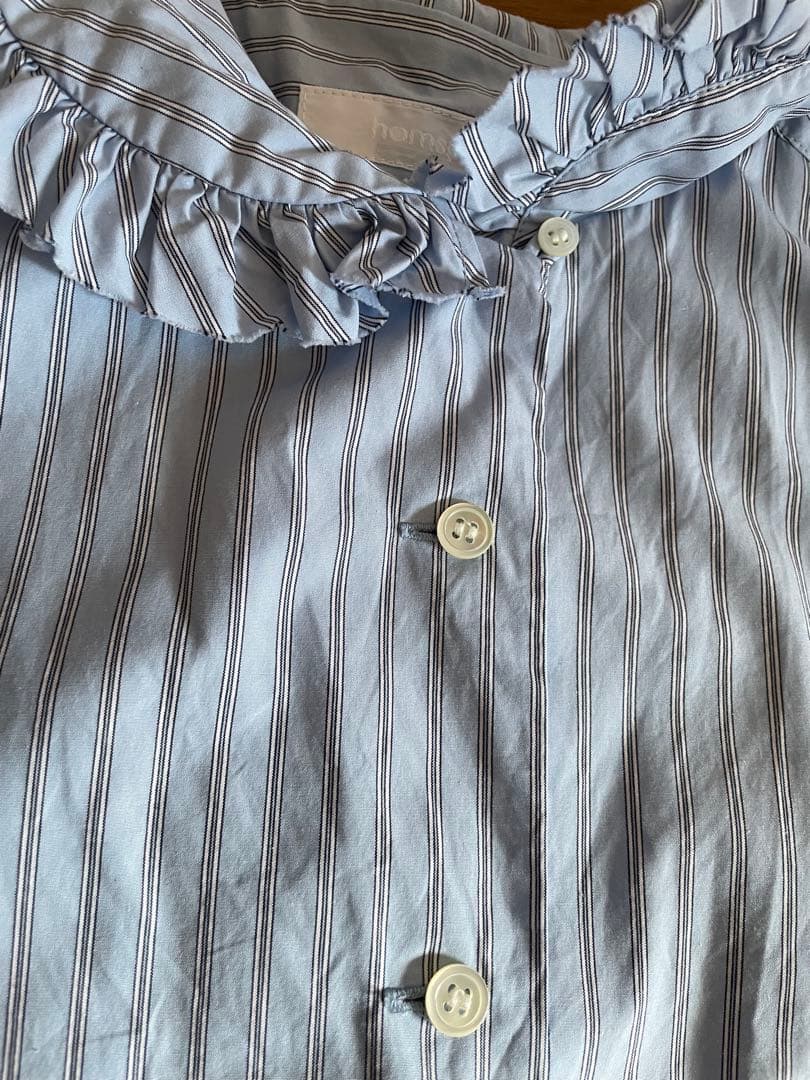 m*o様 homspun 長袖シャツ　水色ボーダー　フリル