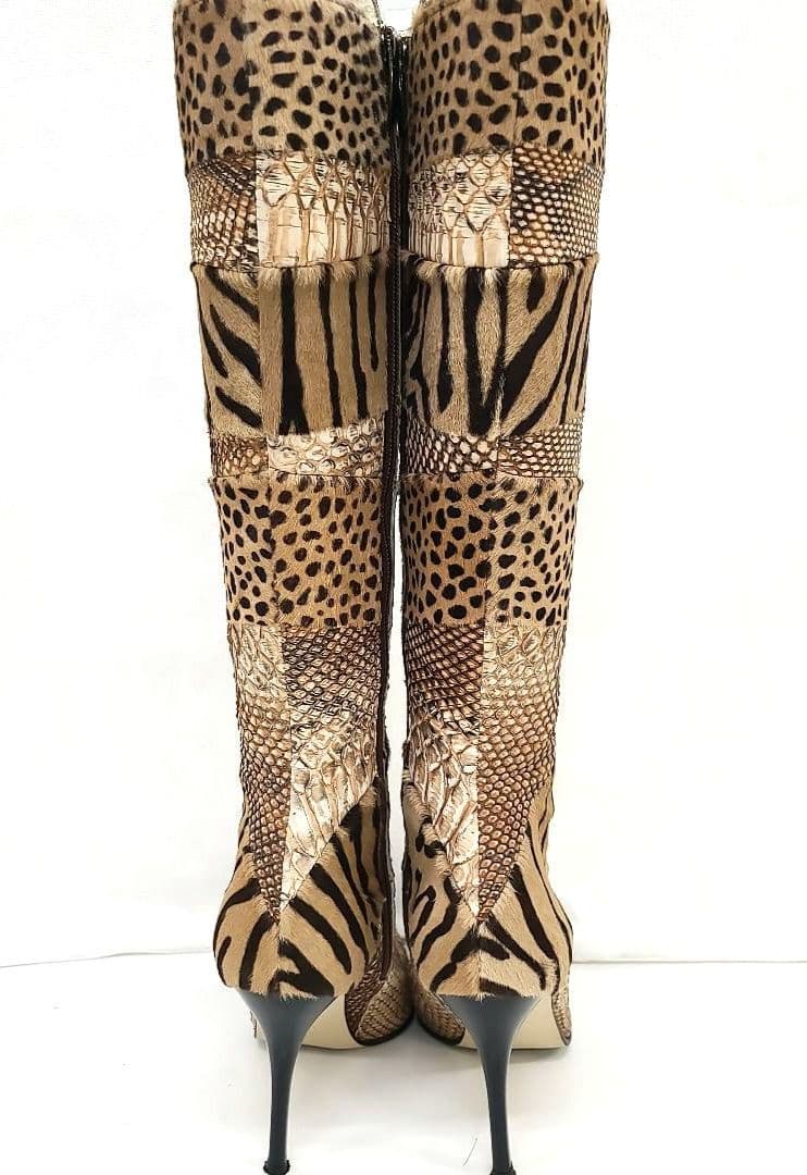 銀座カネマツ アニマルパターンロングブーツ 24.0　ハラコ　クロコダイル