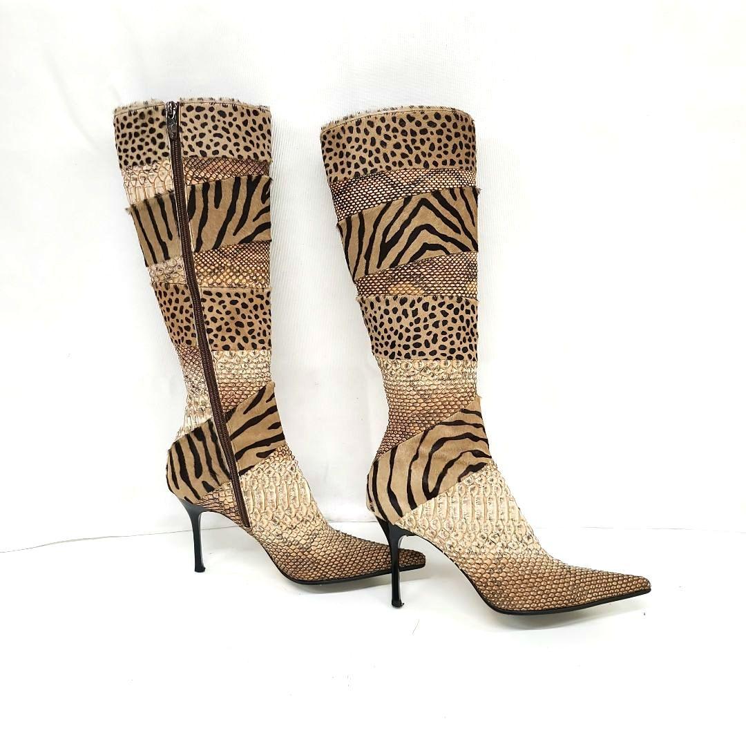銀座カネマツ アニマルパターンロングブーツ 24.0　ハラコ　クロコダイル