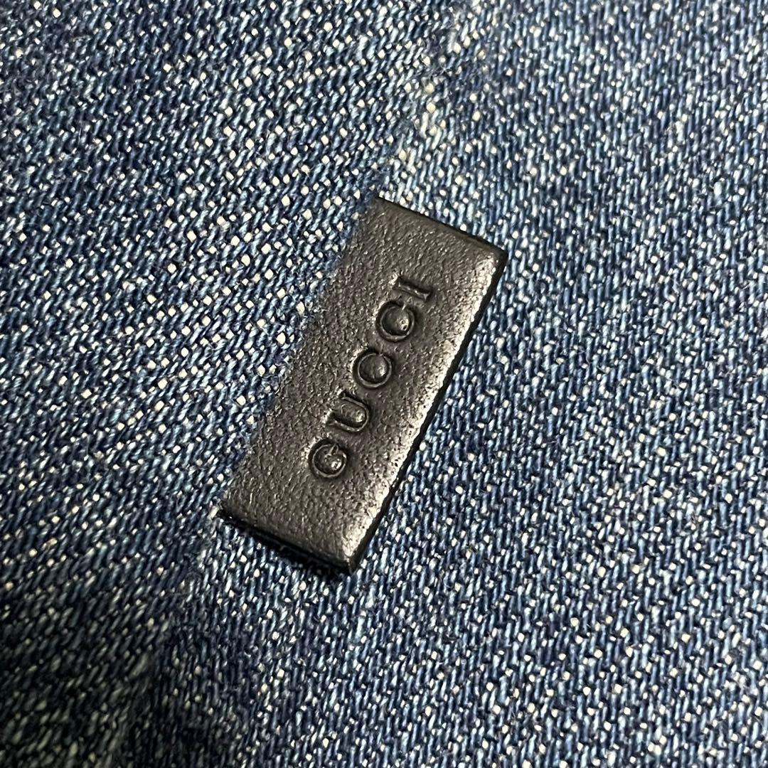 【グッチ】美品デニム フリルシャツ インディゴ ロゴボタン レザータグ 紺 40
