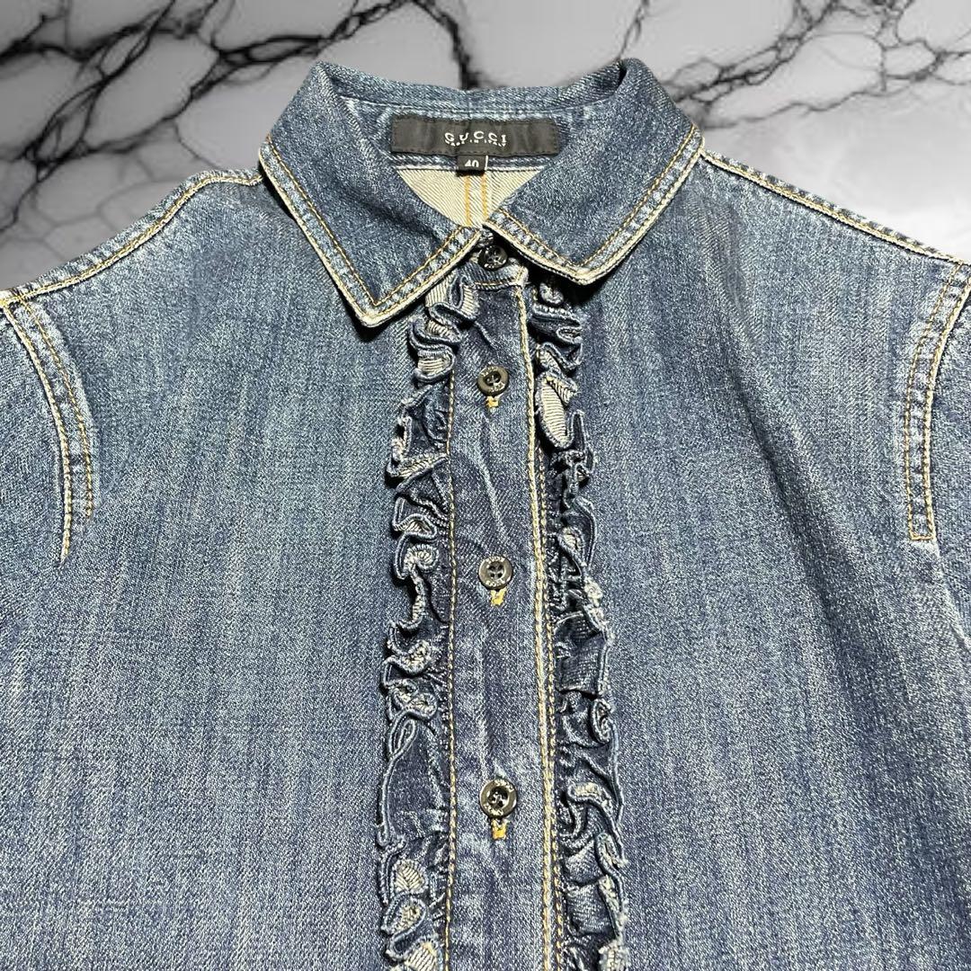 【グッチ】美品デニム フリルシャツ インディゴ ロゴボタン レザータグ 紺 40