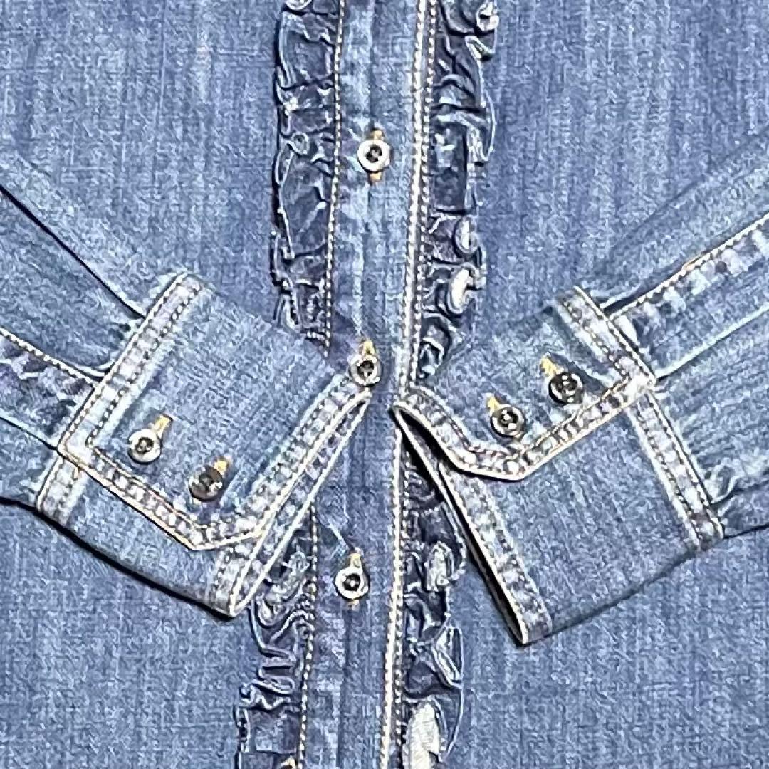 【グッチ】美品デニム フリルシャツ インディゴ ロゴボタン レザータグ 紺 40