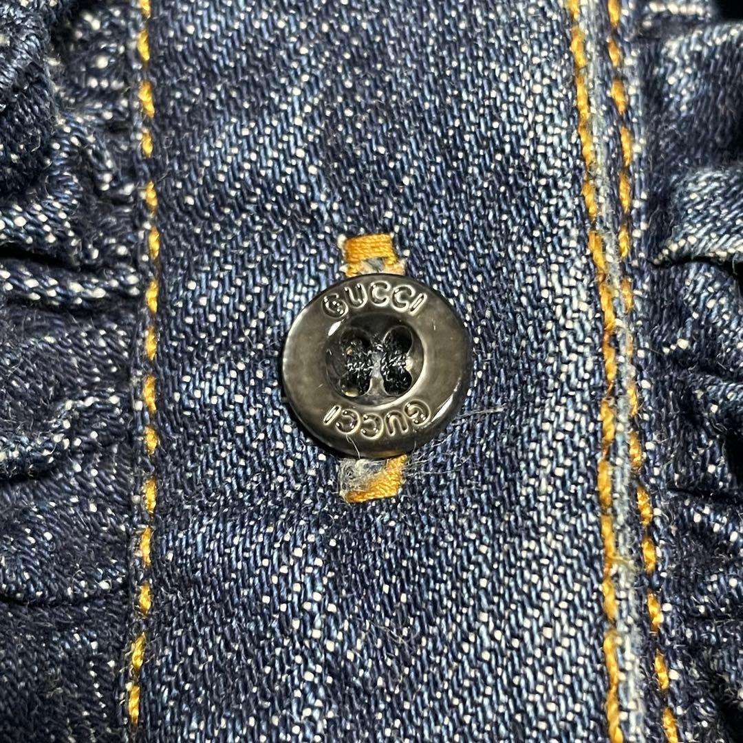 【グッチ】美品デニム フリルシャツ インディゴ ロゴボタン レザータグ 紺 40