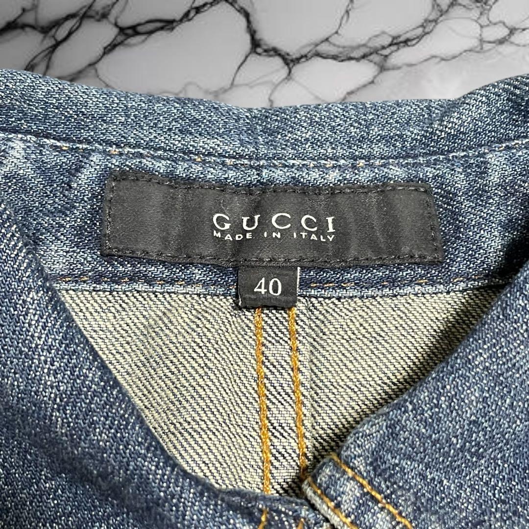 【グッチ】美品デニム フリルシャツ インディゴ ロゴボタン レザータグ 紺 40