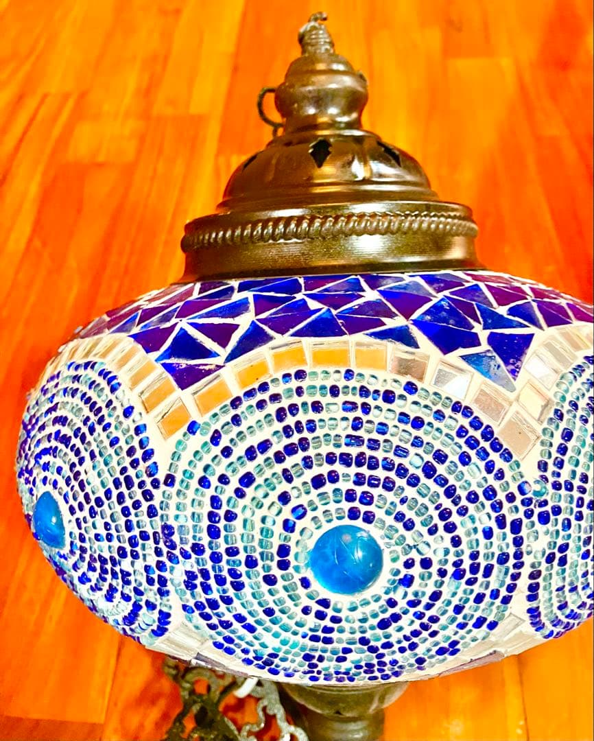 トルコランプ 美品 希少 吊り下げ ブルー　青　ガラスビーズ 引掛シーリング