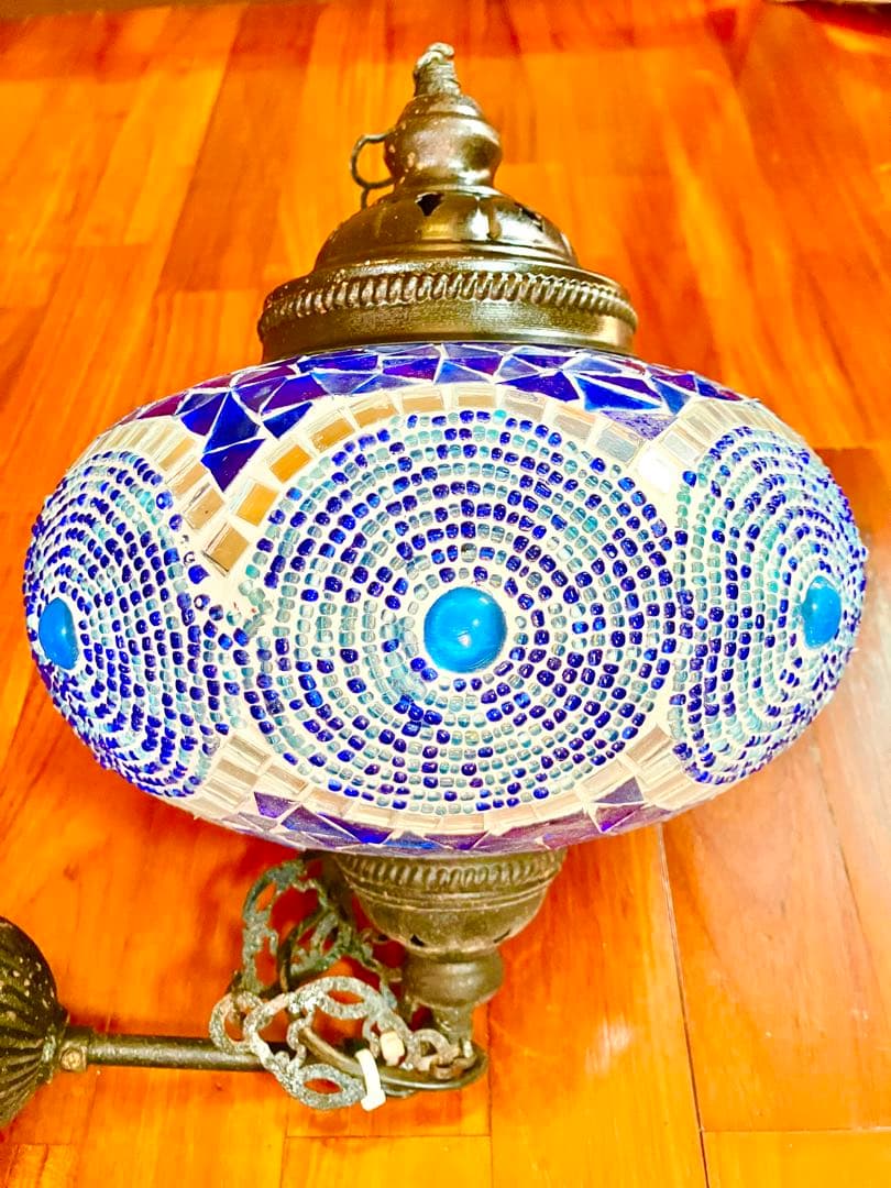 トルコランプ 美品 希少 吊り下げ ブルー　青　ガラスビーズ 引掛シーリング