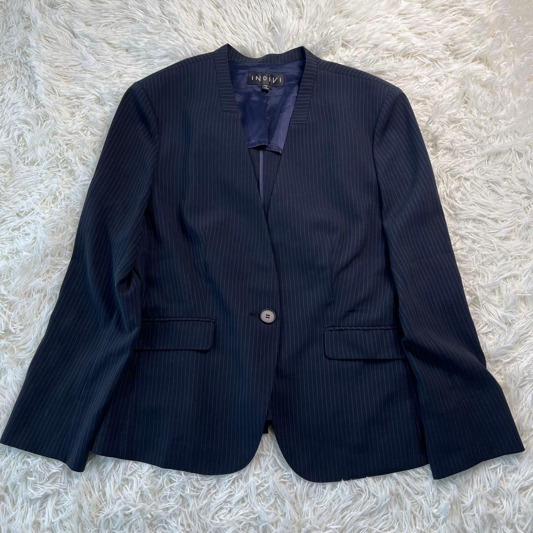 INDIVI ノーカラー パンツ スーツ セットアップ ストライプ 42 XL