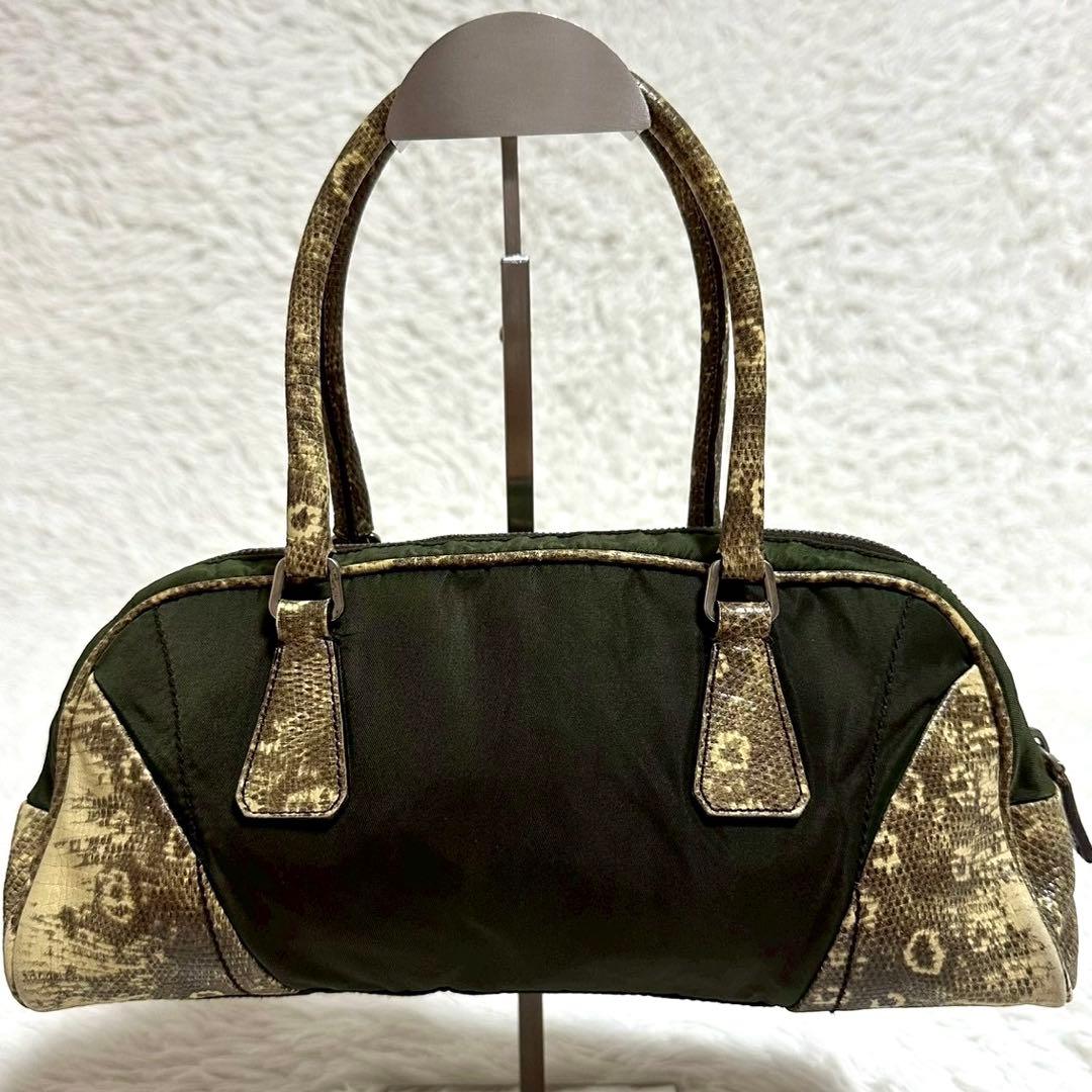 美品✨プラダ パイソン ミニボストンバッグ 三角プレート 肩掛け グリーン系