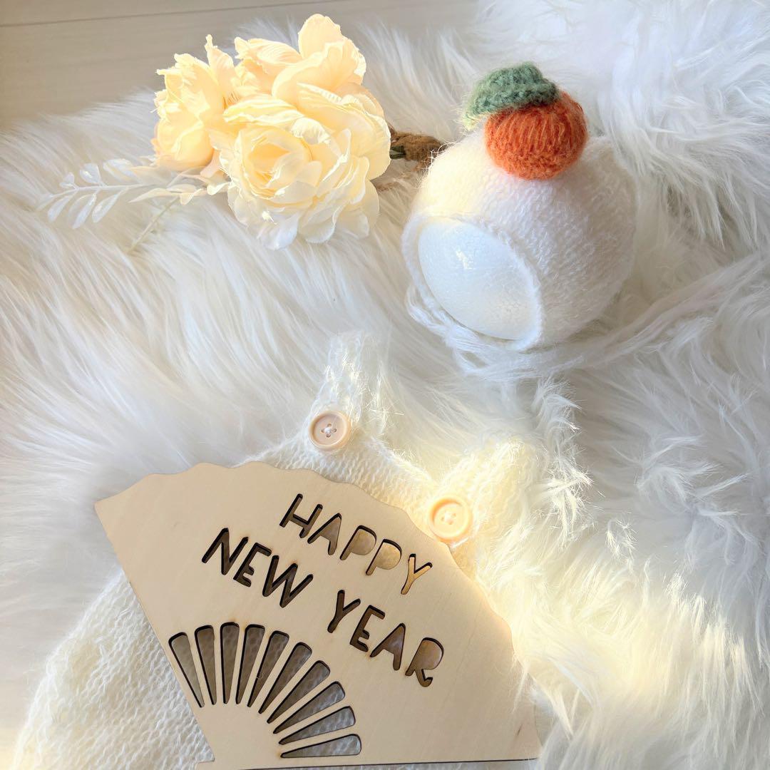 オレンジ♪鏡餅ボンネット 編み込みロンパースセット　ニューボーンフォト撮影衣装