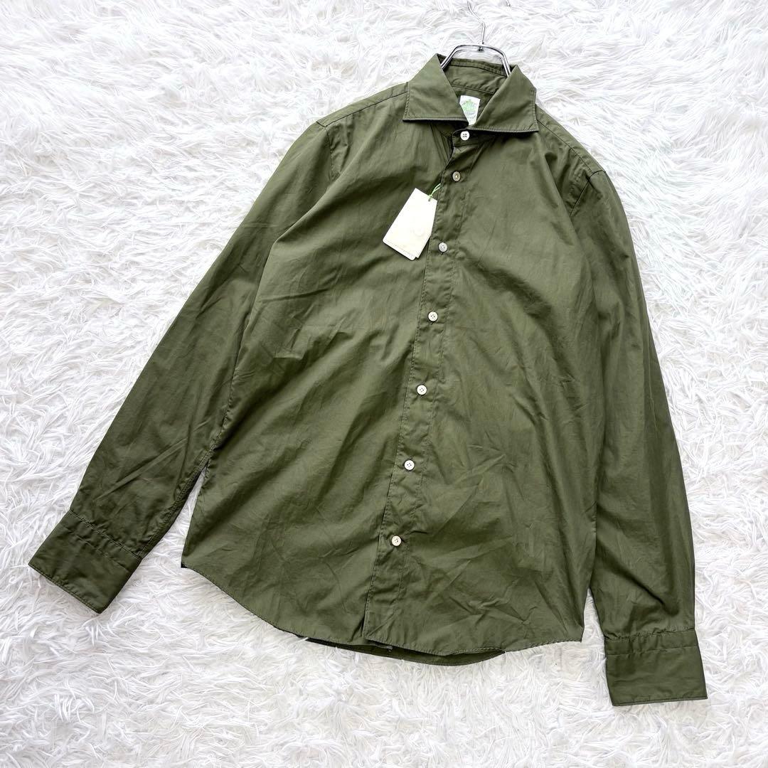 タグ付き未使用✨Finamore ホリゾンタルカラーシャツ コットン オリーブS