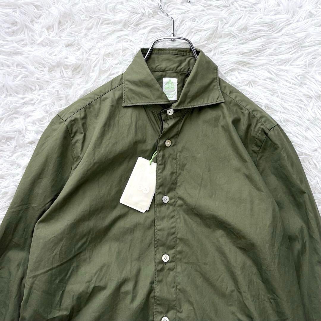 タグ付き未使用✨Finamore ホリゾンタルカラーシャツ コットン オリーブS