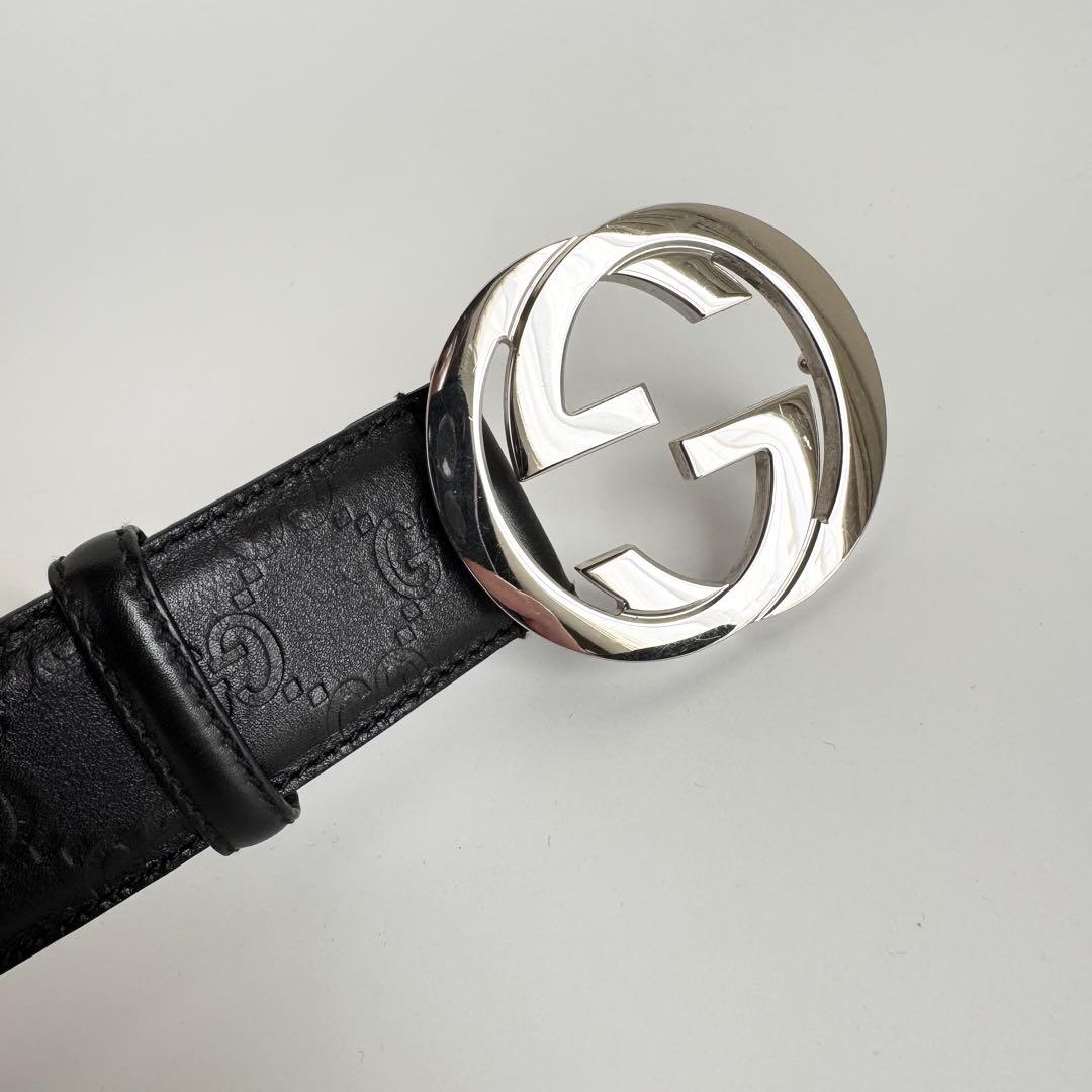 【極美品】GUCCI　インターロッキング シマ　GG　ベルト　ブラック　レザー