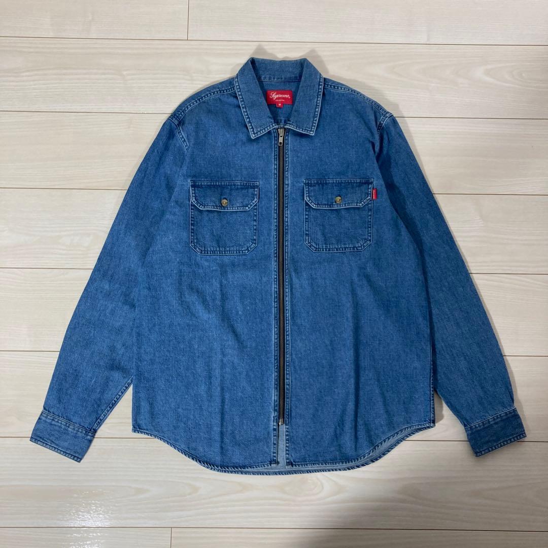 【超人気モデル!!】シュプリーム フロントジップ バック刺繍ロゴ デニムシャツ